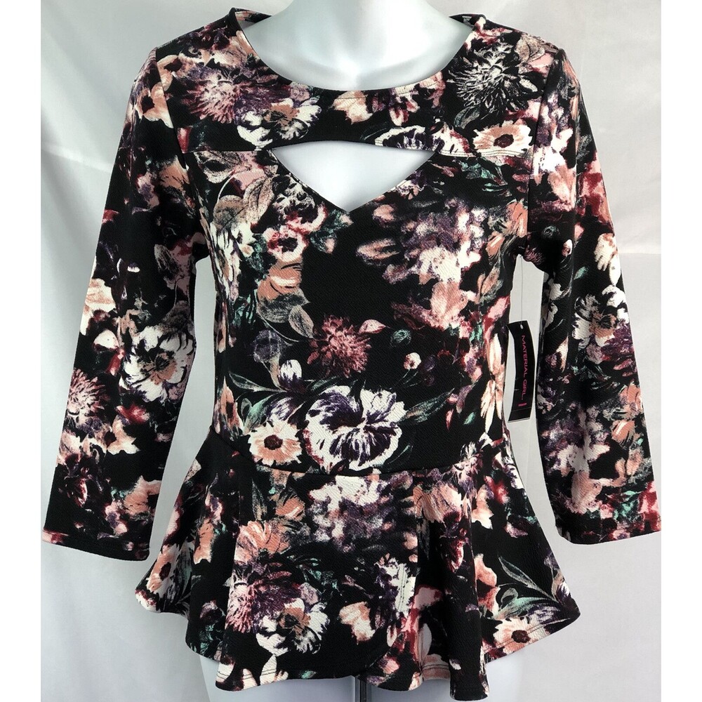 NWT material girl Top L Jrs Blk/Peach Cut Out Front/Back Ruffles Whimsy Fairy